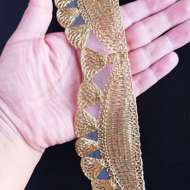 Gold Shimmer Thread Embroidered Scallop Trim, Sheer Fabric Lace, Fringe Trim